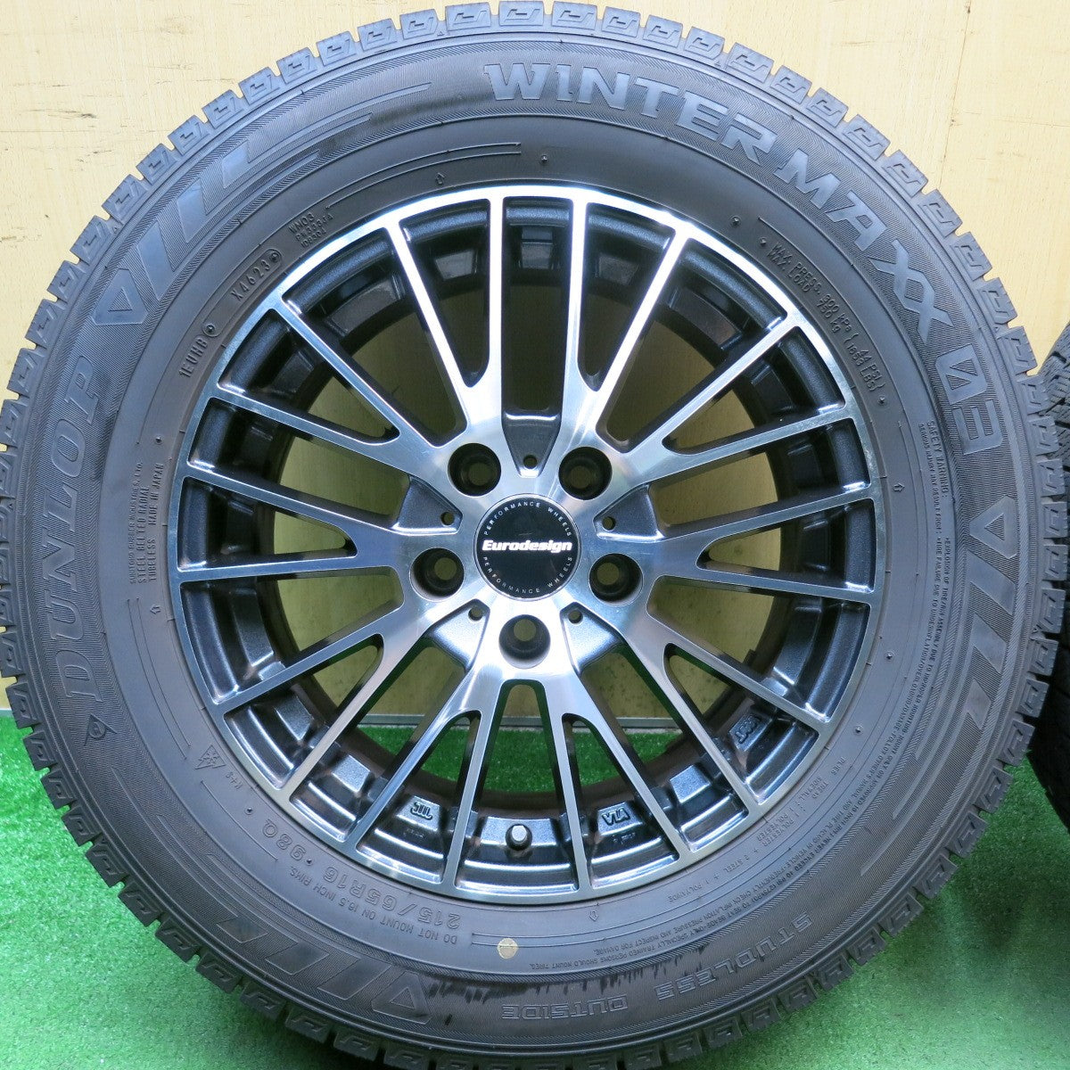 バリ溝！23年！9.5分◎スタッドレス 215/65R16 ダンロップ ウインターマックス 03 Eurodesign CALWER ユーロデザイン カルヴァー 16インチ PCD114.3/5H◎6100307HAス