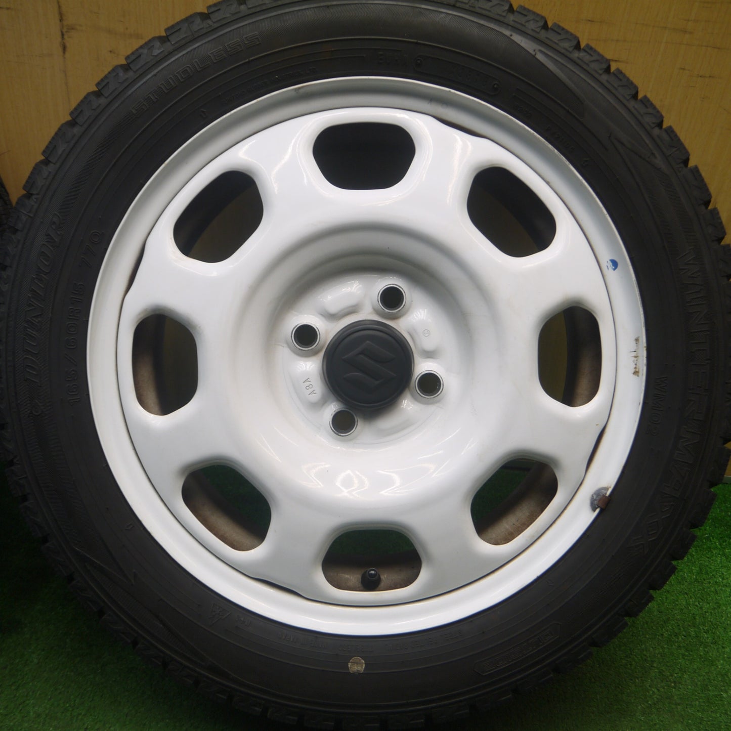 [送料無料] バリ溝！9.5分★スズキ ハスラー 純正 スチール 165/60R15 スタッドレス ダンロップ ウインターマックス WM02 15インチ PCD100/4H★5022503Hス