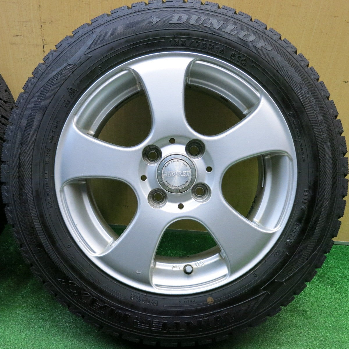 バリ溝！24年！ほぼ10分★スタッドレス 165/70R14 ダンロップ ウインターマックス WM02 AIRGRET 社外 アルミ 14インチ PCD100/4H★5122010HAス