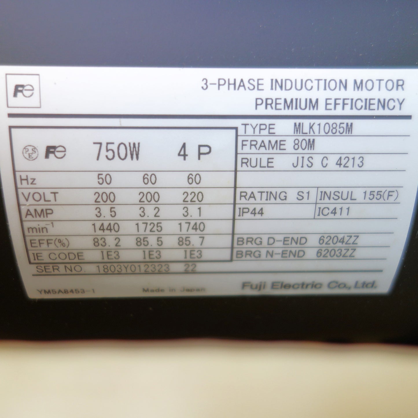 [送料無料] 未使用◆FUJI MOTOR 富士電機 低圧三相プレミアム効率モータ MLK1085M 200V◆
