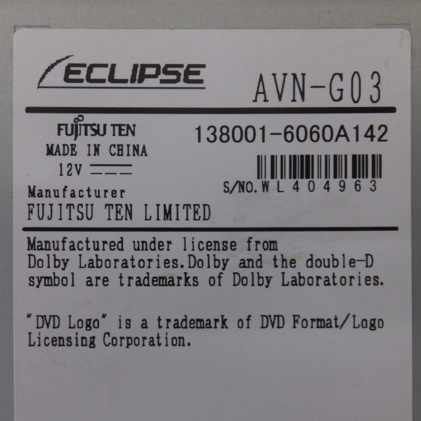 [送料無料] 現状品★富士通テン イクリプス ECLIPSE メモリーナビゲーション AVN-G03★