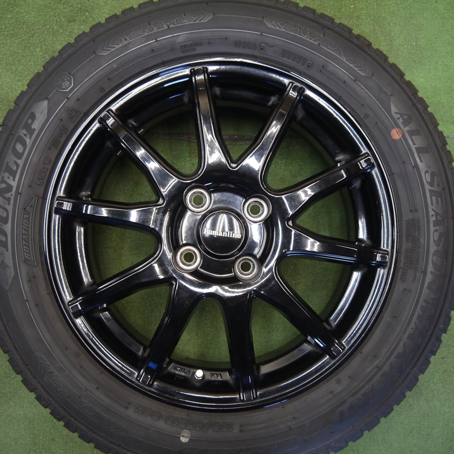 バリ溝！23年！キレイ！8.5分◎185/60R15 ダンロップ ALL SEASON MAXX AS1 オールシーズン Humanline S-15 ヒューマンライン 15インチ PCD100/4H◎6072403Hス