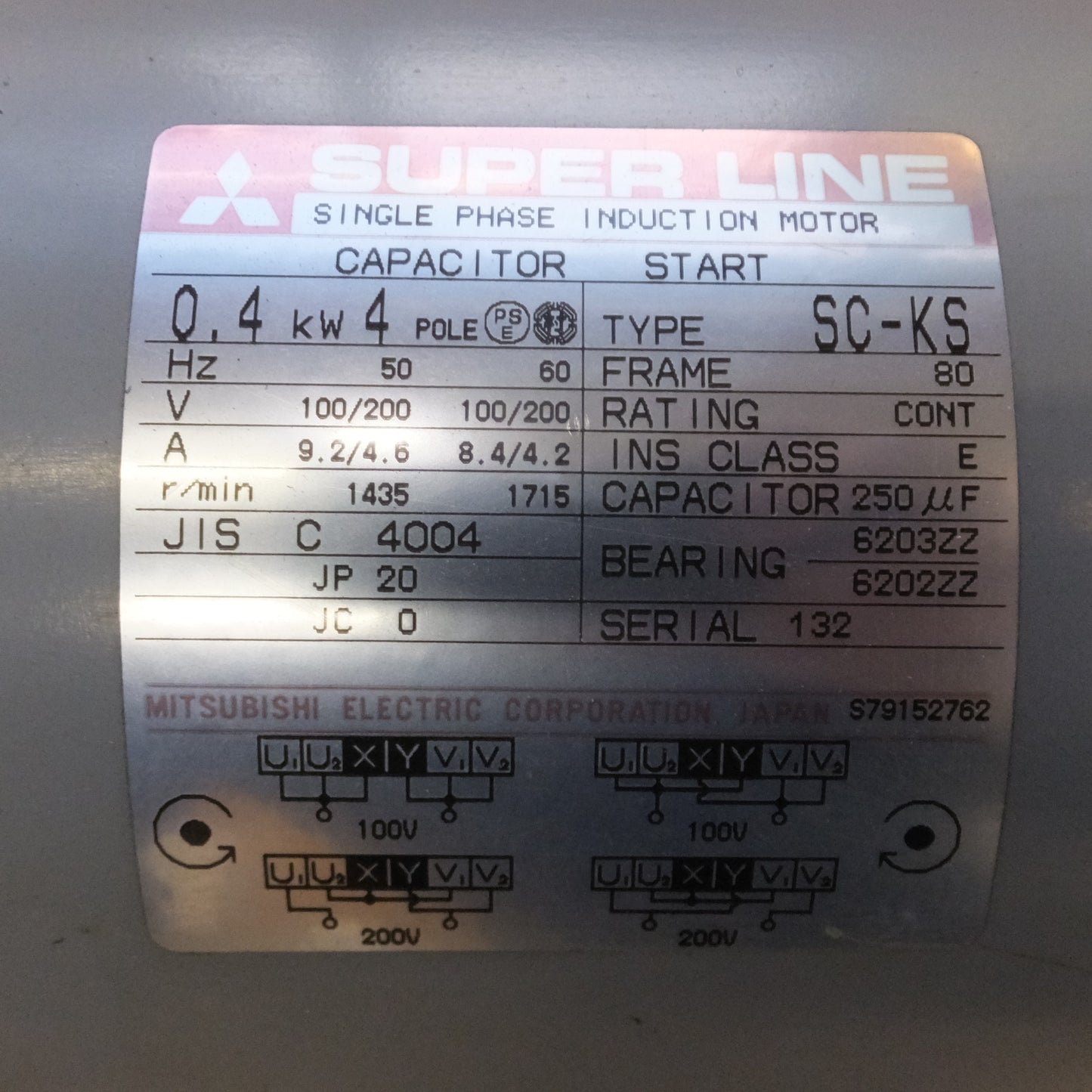 [送料無料] 現状品★三菱 MITSUBISHI 単相モーター SUPER LINE SC-KS　0.4kW 4POLE 100/200V 50/60Hz★