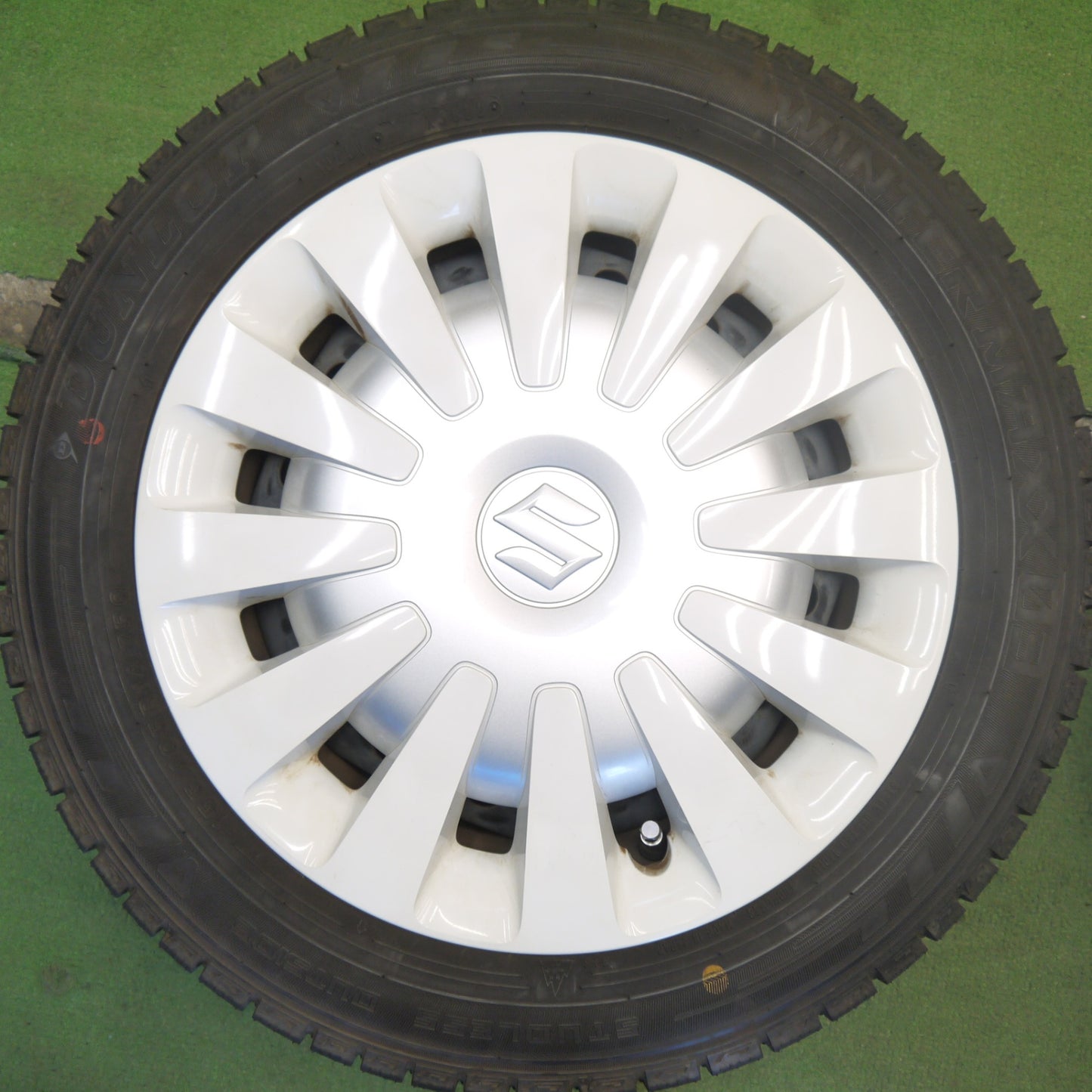 バリ溝！22年！キレイ！9.5分◎スズキ ワゴンR スマイル 純正 スチール 155/65R14 スタッドレス ダンロップ ウインターマックス 03 14インチ PCD100/4H◎6081004Hス
