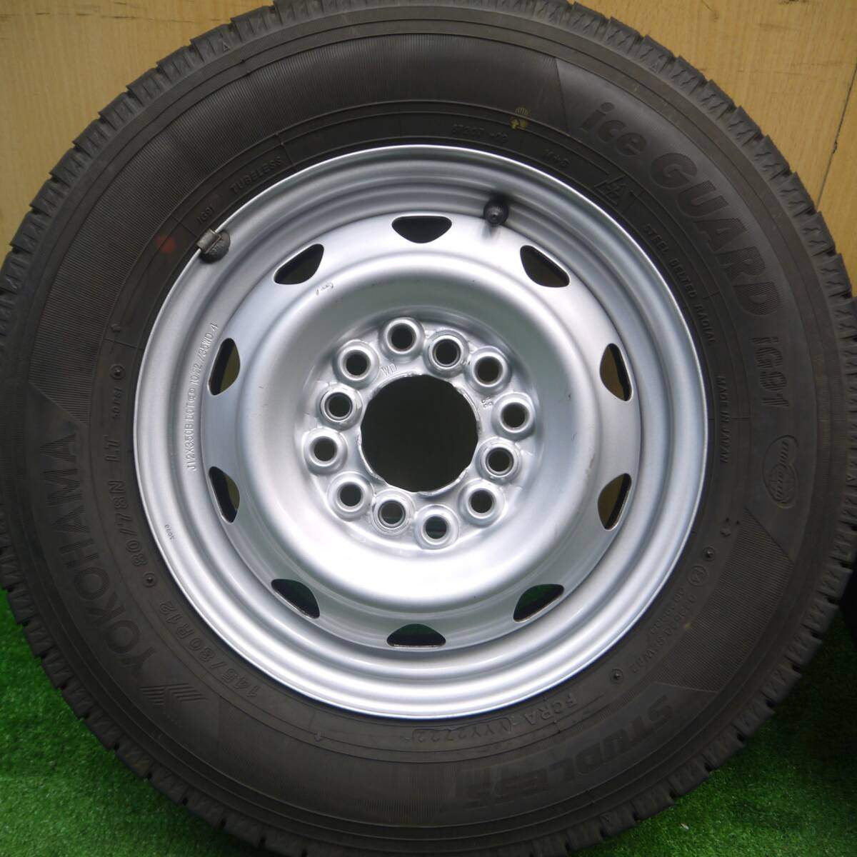 バリ溝！22年！キレイ！9分★スタッドレス 145/80R12 80/78N ヨコハマ アイスガード iG91 スチール ホイール 12インチ PCD100 110 114.3/4H マルチ★5022506Hス