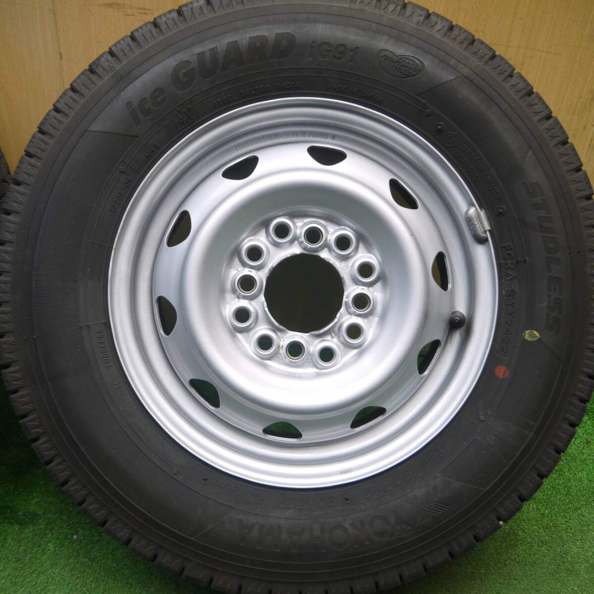バリ溝！22年！キレイ！9分★スタッドレス 145/80R12 80/78N ヨコハマ アイスガード iG91 スチール ホイール 12インチ PCD100 110 114.3/4H マルチ★5022506Hス