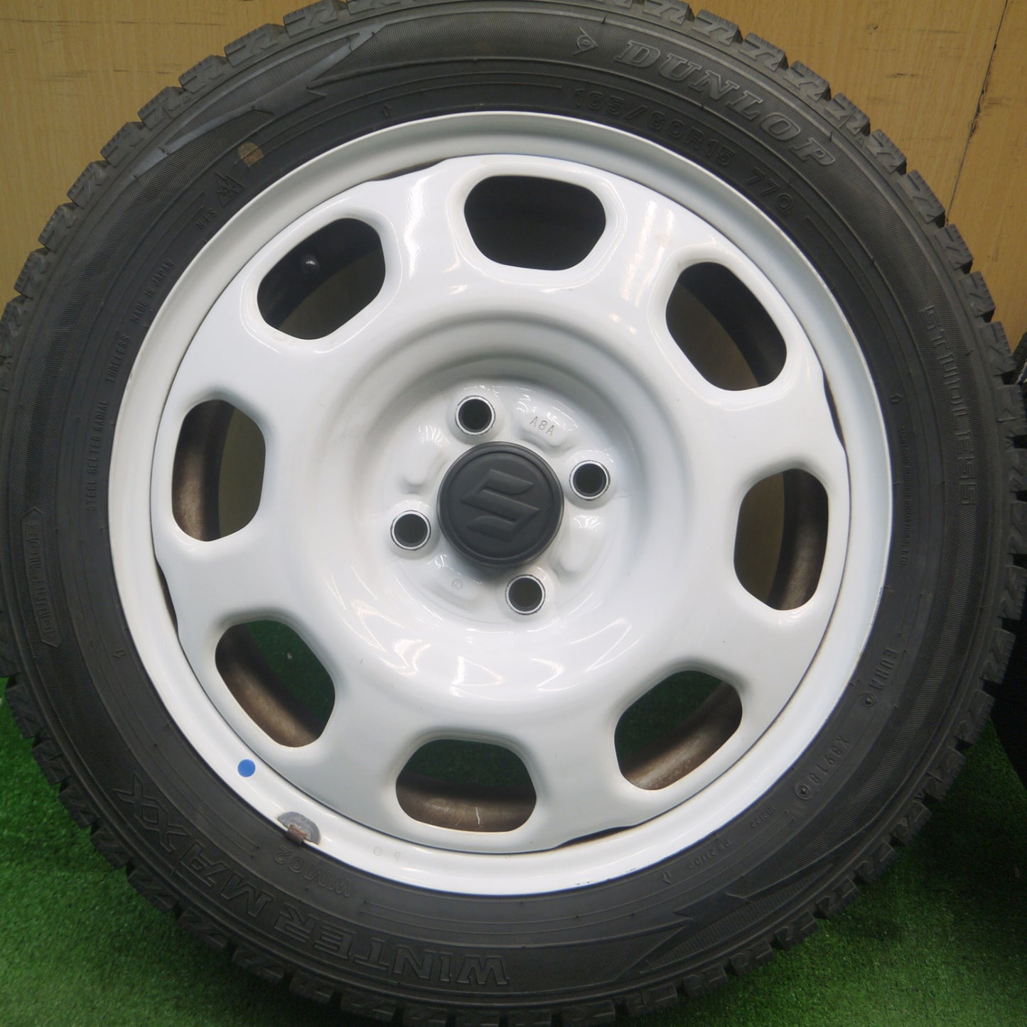[送料無料] バリ溝！9.5分★スズキ ハスラー 純正 スチール 165/60R15 スタッドレス ダンロップ ウインターマックス WM02 15インチ PCD100/4H★5022503Hス
