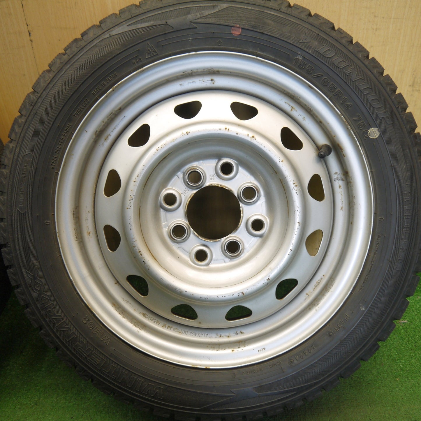 バリ溝！24年！9分◎スタッドレス 155/65R14 ダンロップ ウインターマックス WM02 スチール ホイール 14インチ PCD100 114.3/4H マルチ◎6072706Hス