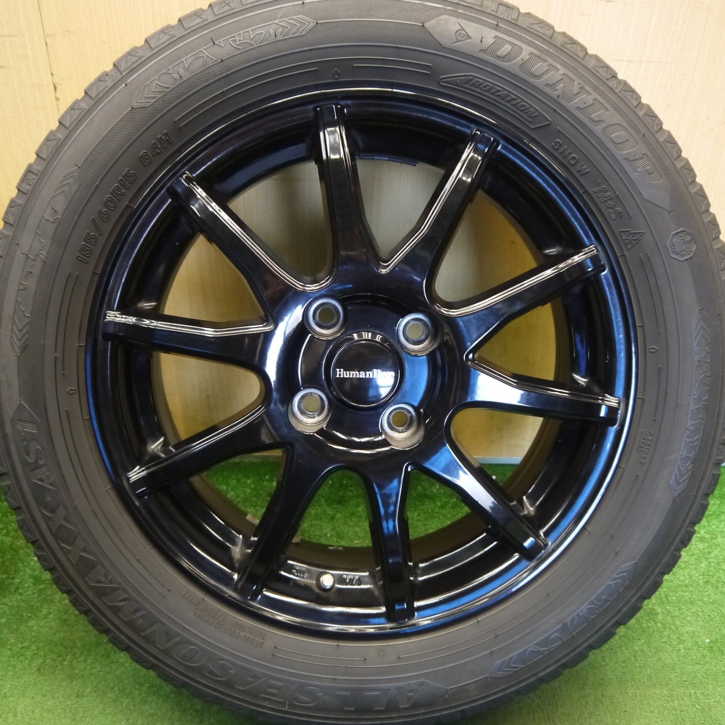 バリ溝！23年！キレイ！8.5分◎185/60R15 ダンロップ ALL SEASON MAXX AS1 オールシーズン Humanline S-15 ヒューマンライン 15インチ PCD100/4H◎6072403Hス