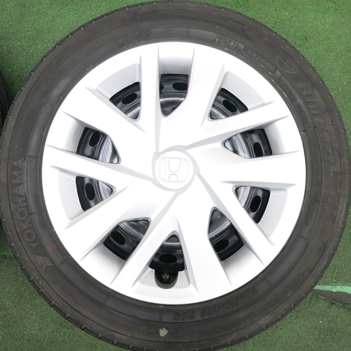 *送料無料* バリ溝！ほぼ10分★ホンダ N-BOX 純正 スチール 155/65R14 ダンロップ EC202 ヨコハマ ブルーアース A34 PCD100/4H★4042905HAノ