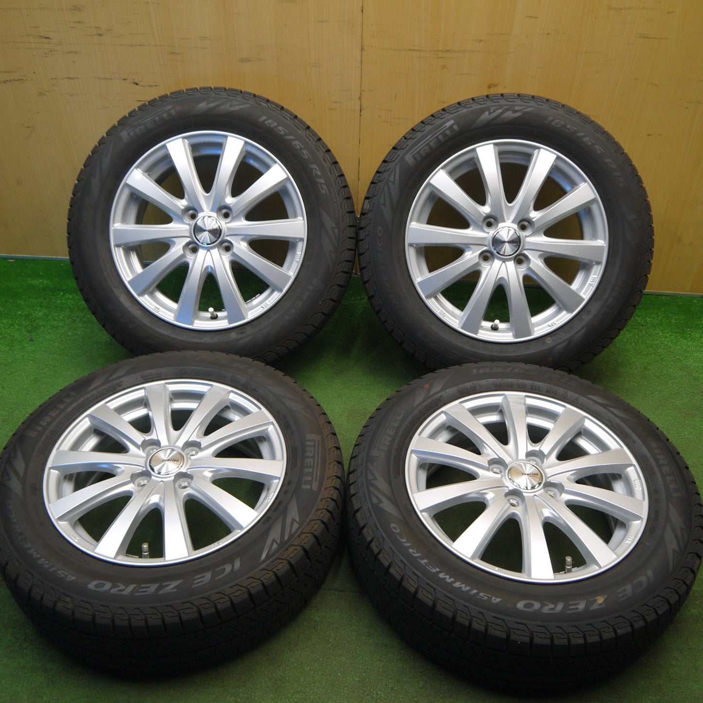 バリ溝！24年！キレイ！9.5分以上★スタッドレス 185/65R15 ピレリ アイスゼロ アシンメトリコ ravrion RS01 ラブリオン 15インチ PCD100/4H★6031003Hス