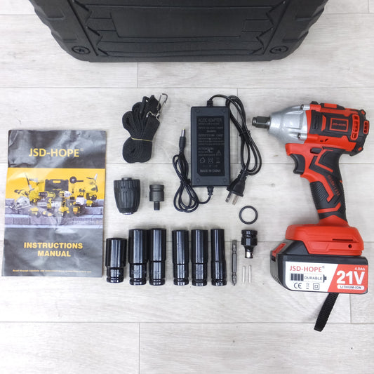 [送料無料] 美品！付属品付き◆JSD-HOPE 充電式 インパクト レンチ ブラシレス 21V 4.0Ah ケース ACアダプター バッテリー ドリルアタッチメント など 電動 工具◆