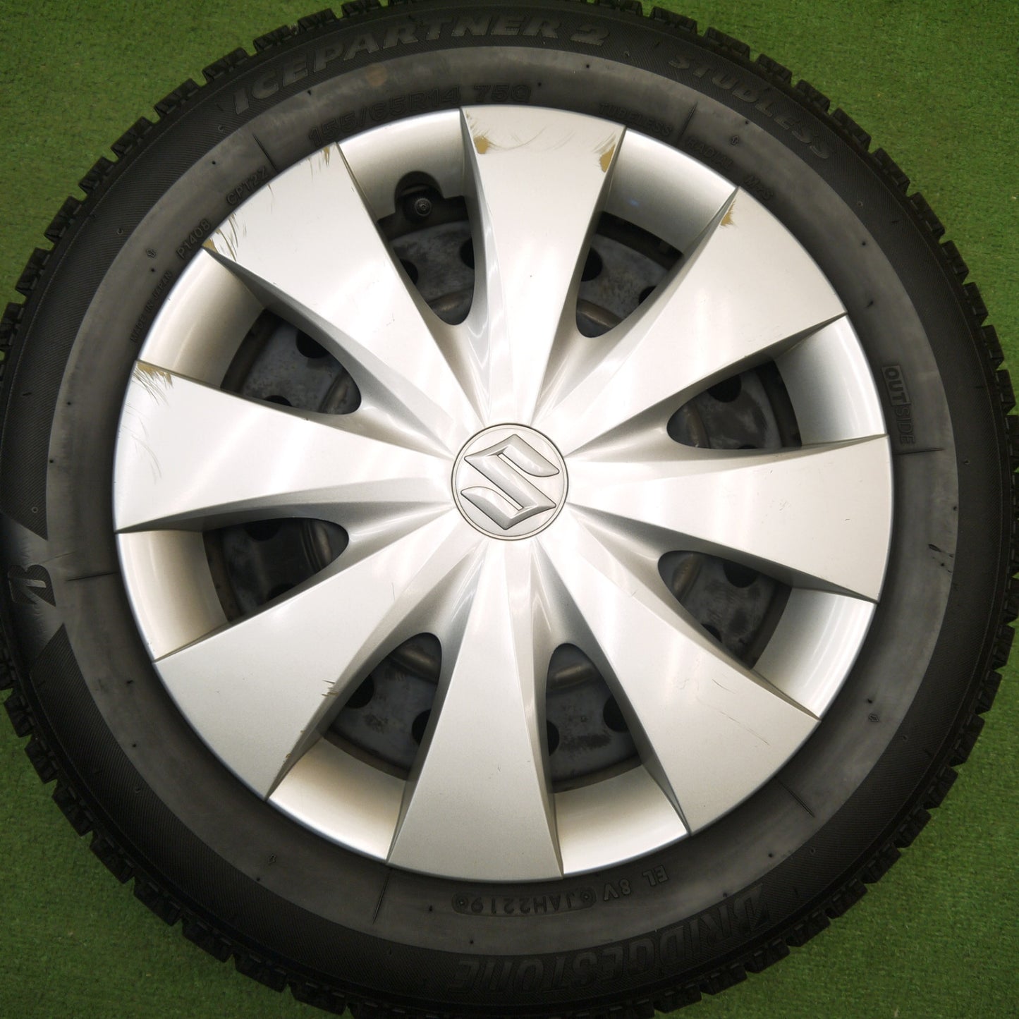 [送料無料] バリ溝！8.5分★スズキ スペーシア 純正 スチール 155/65R14 スタッドレス ブリヂストン アイスパートナー2 14インチ PCD100/4H★5031201Hス