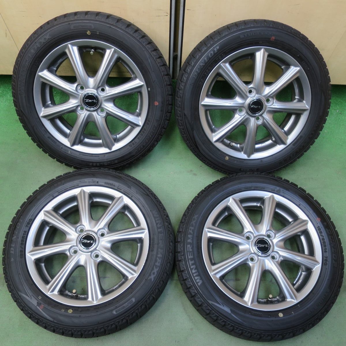 バリ溝！25年！キレイ！9.5分以上◎スタッドレス 155/65R14 ダンロップ ウインターマックス WM02 Zart 社外 アルミ 14インチ PCD100/4H◎6092305イス