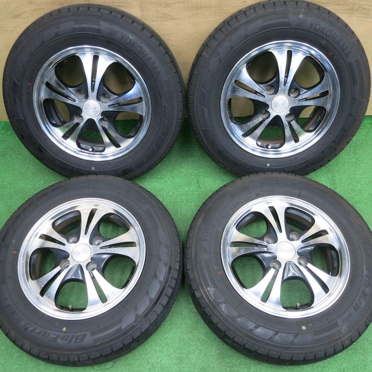 バリ溝！25年！9.5分★165/80R14 97/95N ヨコハマ BluEarth-Van RY55 A to Z 社外 アルミ ブルーアース 14インチ PCD114.3/4H★6021105NKノ