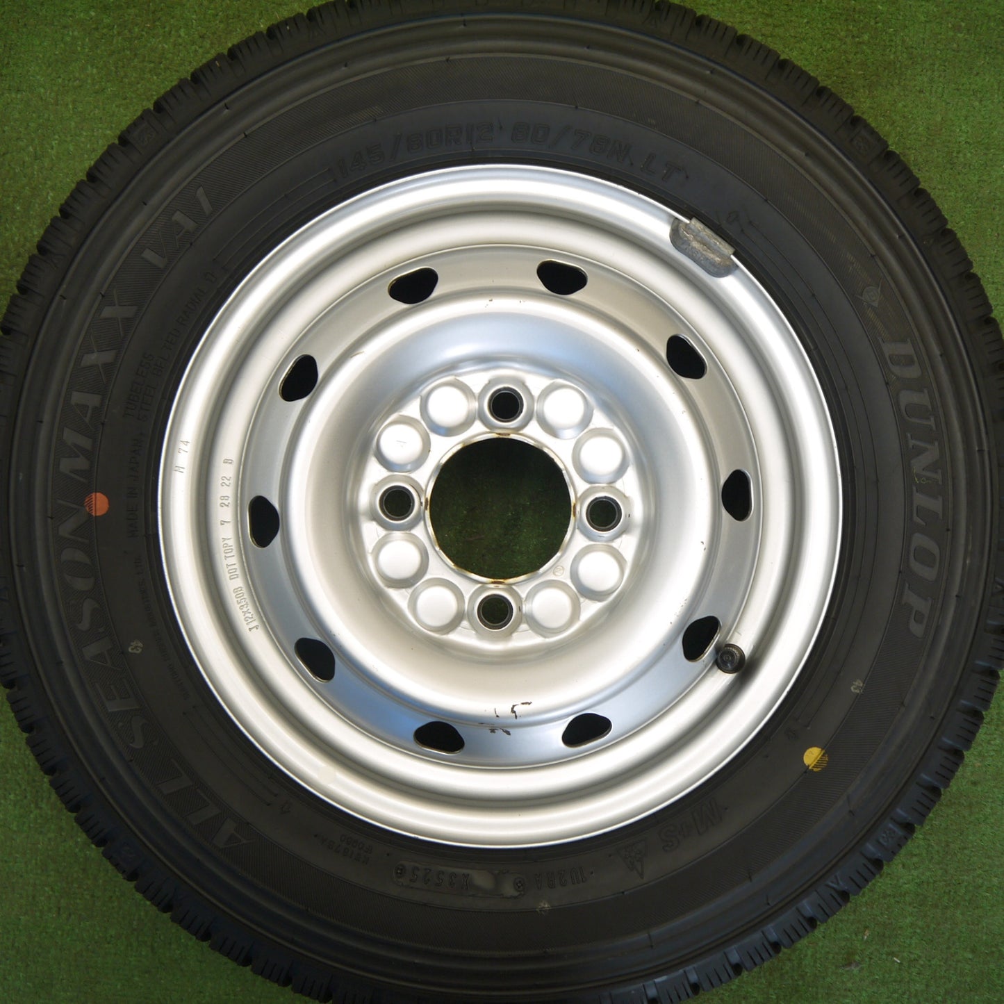 バリ溝！25年！キレイ！9.5分★145/80R12 80/78N ダンロップ ALL SEASON MAXX VA1 オールシーズン TOPY スチール ホイール 12インチ PCD100/4H★6041306Hス