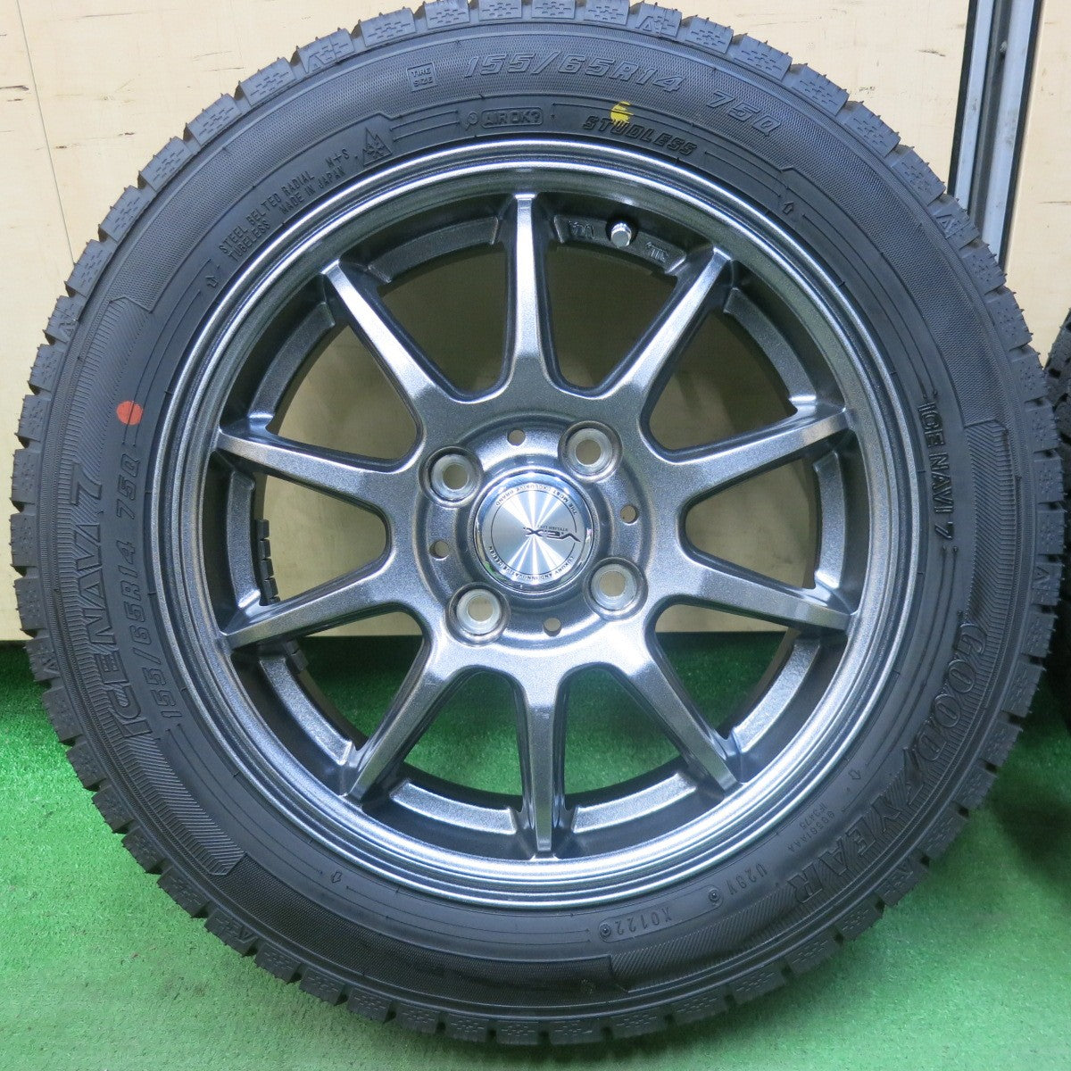 超バリ溝！22年！キレイ！ほぼ10分★スタッドレス 155/65R14 グッドイヤー アイスナビ7 V.E.X. VEX 社外 アルミ 14インチ PCD100/4H★5102202SKス