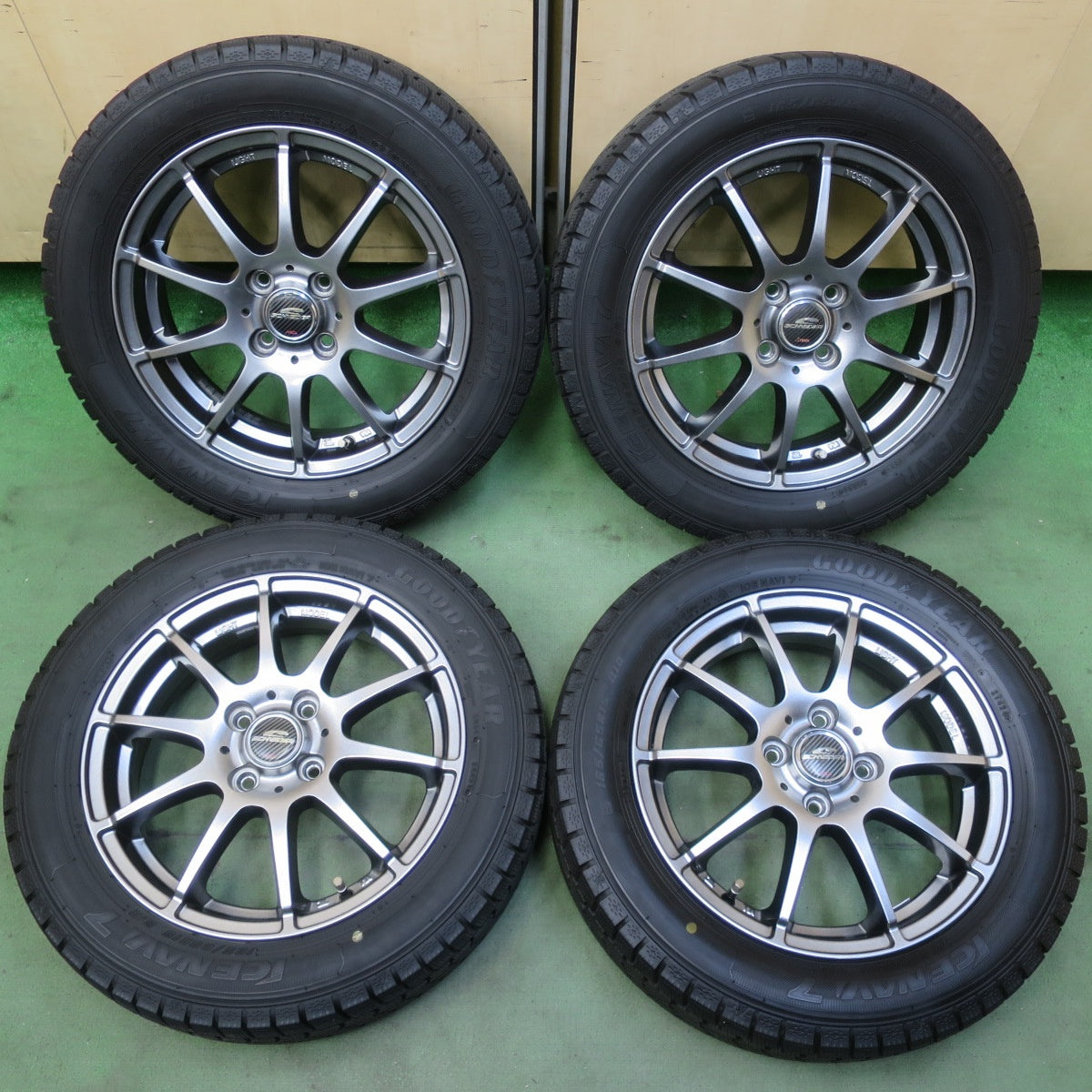 バリ溝！24年！キレイ！9.5分◎スタッドレス 165/65R15 グッドイヤー アイスナビ7 SCHNEIDER MiD シュナイダー 15インチ タフト ソリオ 等 PCD100/4H◎6083105イス