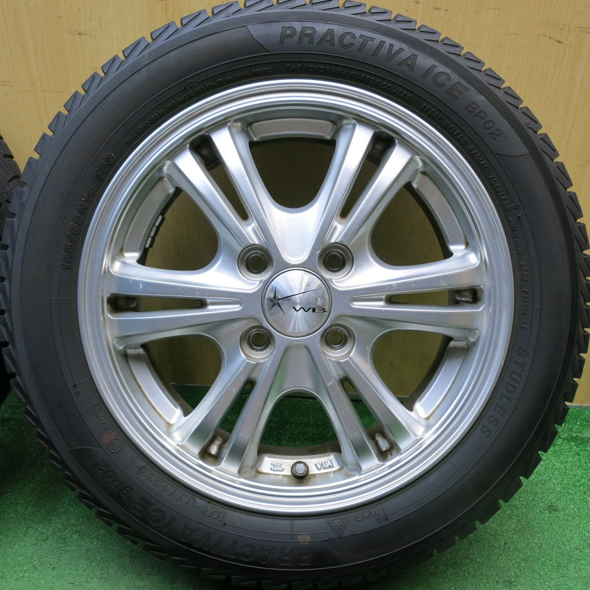 バリ溝！22年！9分★スタッドレス 155/65R14 プラクティバ アイス BP02 ヨコハマ製 WB 社外 アルミ 14インチ PCD100/4H★5081604HAス