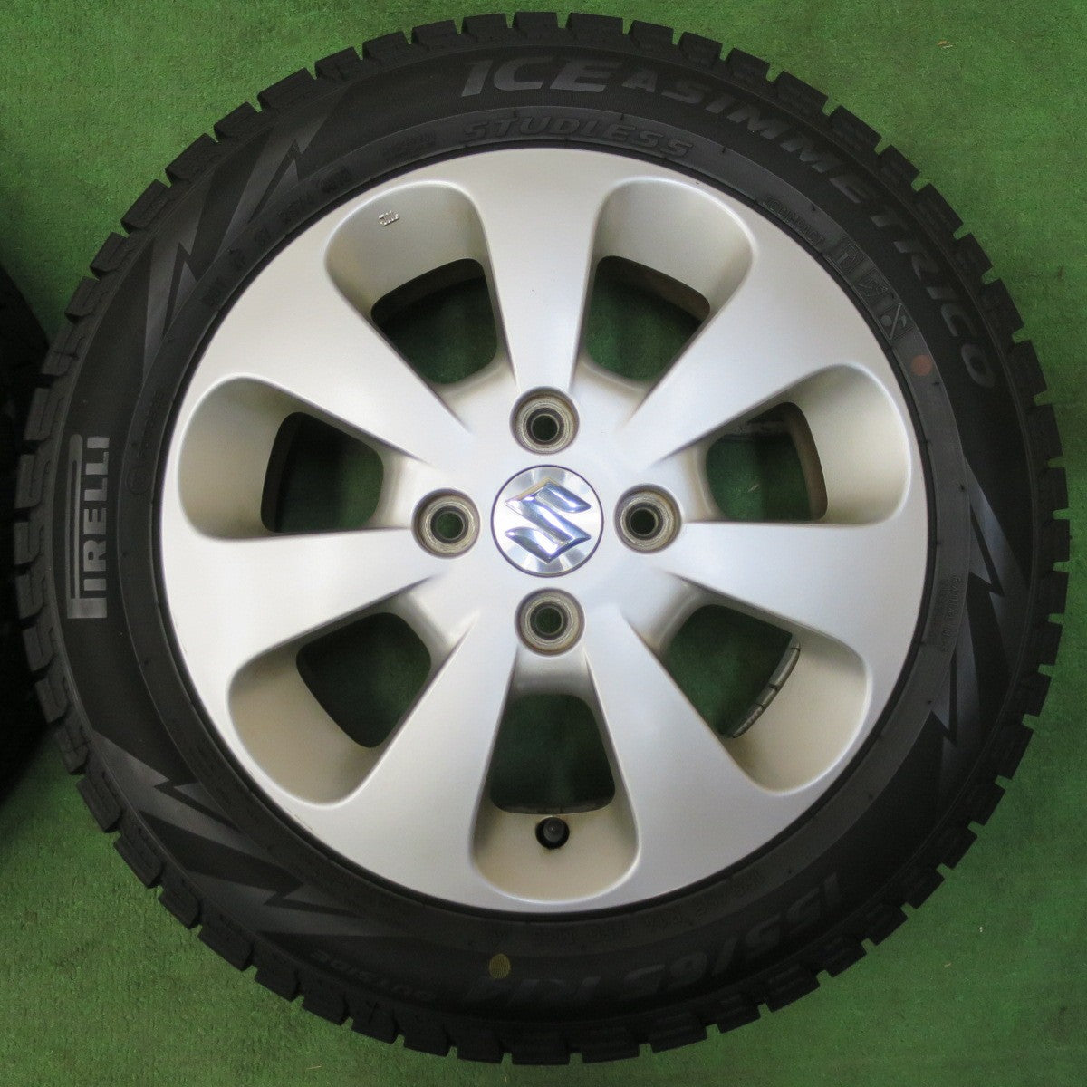 [送料無料] バリ溝！9分★スズキ パレット 純正 155/65R14 スタッドレス ピレリ アイスアシンメトリコ 14インチ PCD100/4H★4112001イス