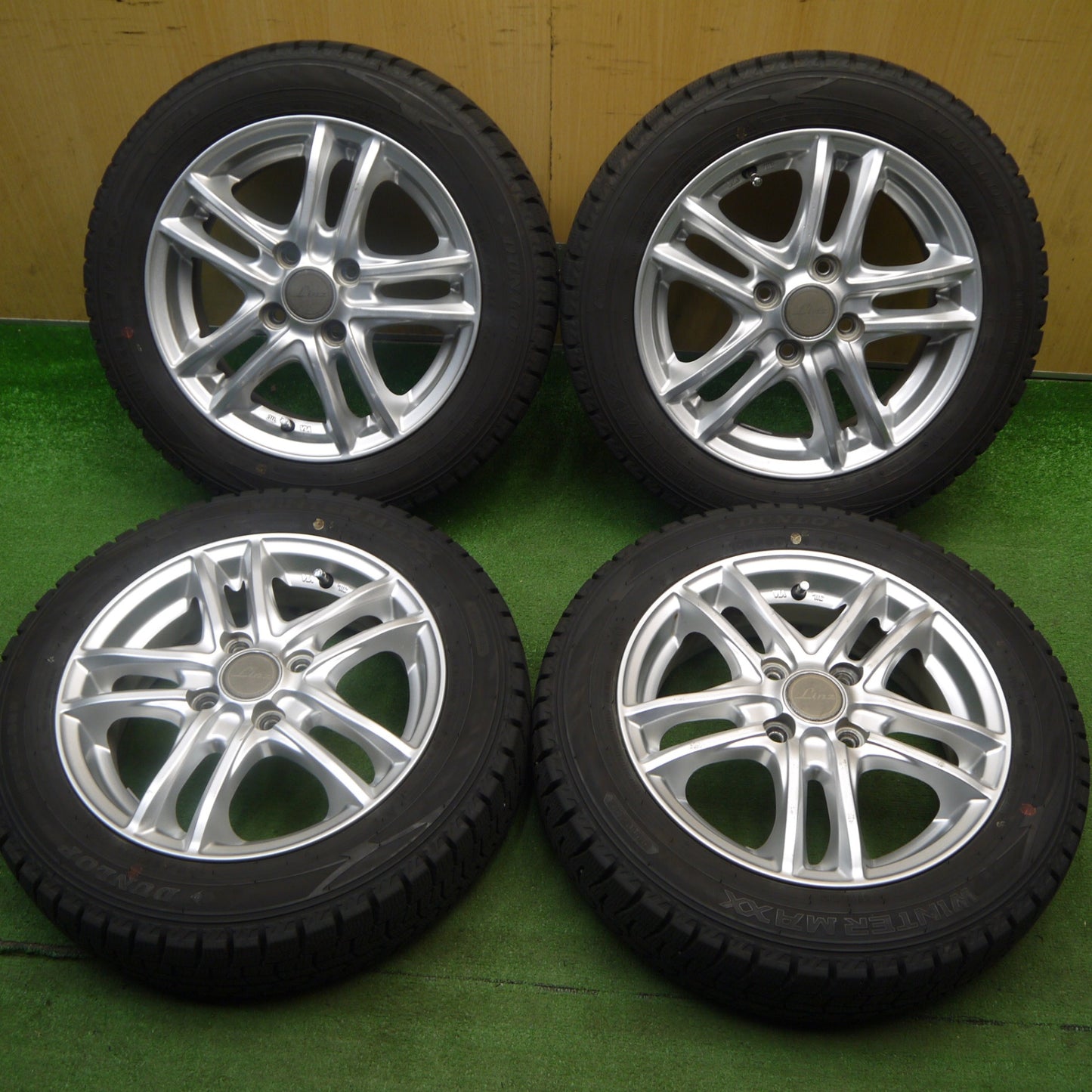 バリ溝！25年！9.5分★スタッドレス 155/65R14 ダンロップ ウインターマックス WM02 Linz 社外 アルミ 14インチ PCD100/4H★6041003Hス