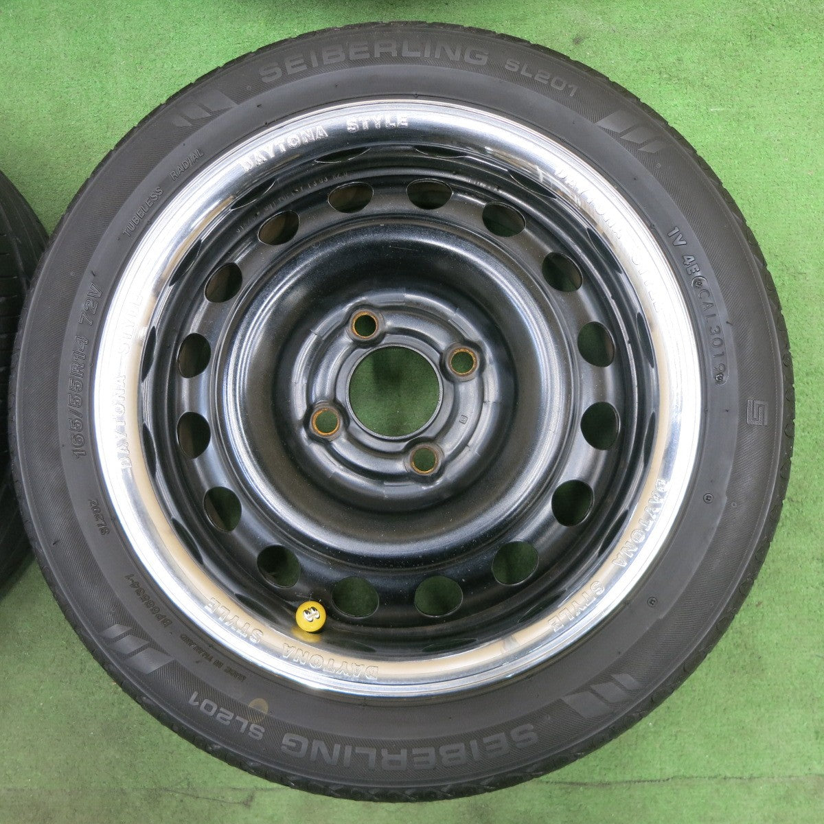 キャップ＆トリムリング付き！キレイ★DAYTONA STYLE 165/55R14 セイバーリング SL201 デイトナ スタイル スチール 14インチ PCD100/4H★6012307ナノ