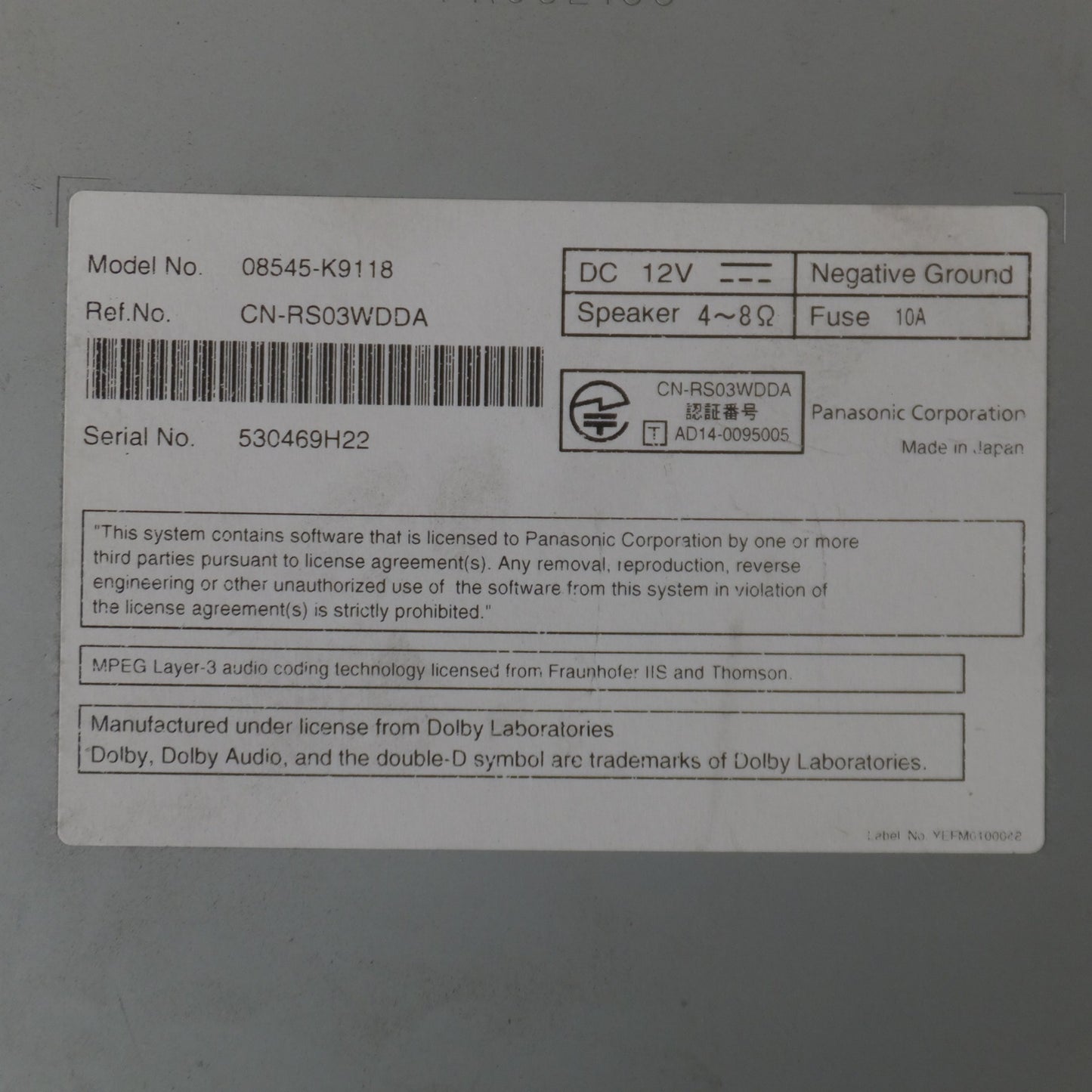 [送料無料] 現状品★パナソニック製 ダイハツ 純正 SDナビゲーション ワイド スタンダードメモリーナビ NSZN-W68D 08545-K9118(12)★