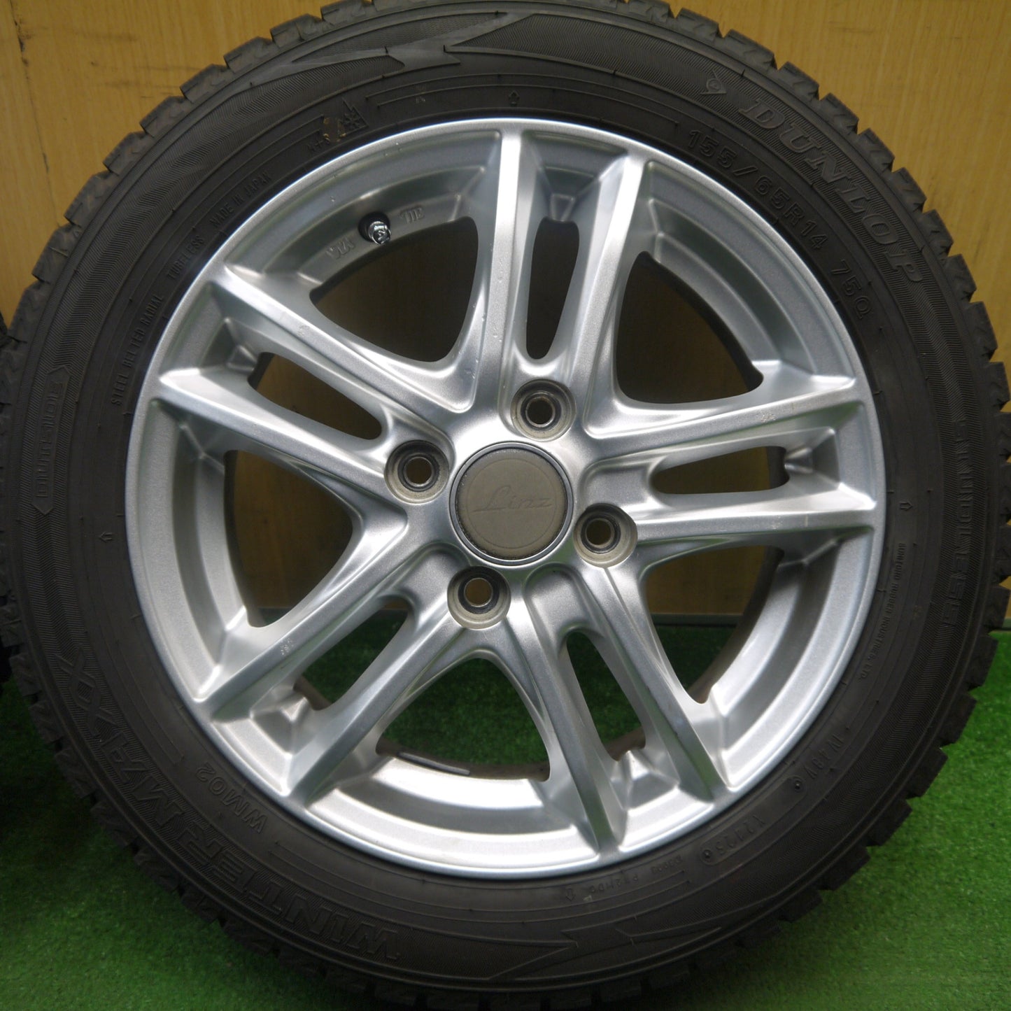 バリ溝！25年！9.5分★スタッドレス 155/65R14 ダンロップ ウインターマックス WM02 Linz 社外 アルミ 14インチ PCD100/4H★6041003Hス