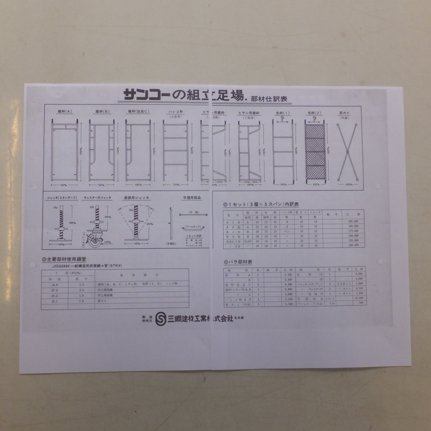【岐阜発 直接引取限定】岐阜発★三綱建材工業 サンコーの組立足場 建枠B型 8個 布枠1型 9個 スジカイ 10個 ジャッキベース 4個 キャスター付ジャッキ 4個 セット★