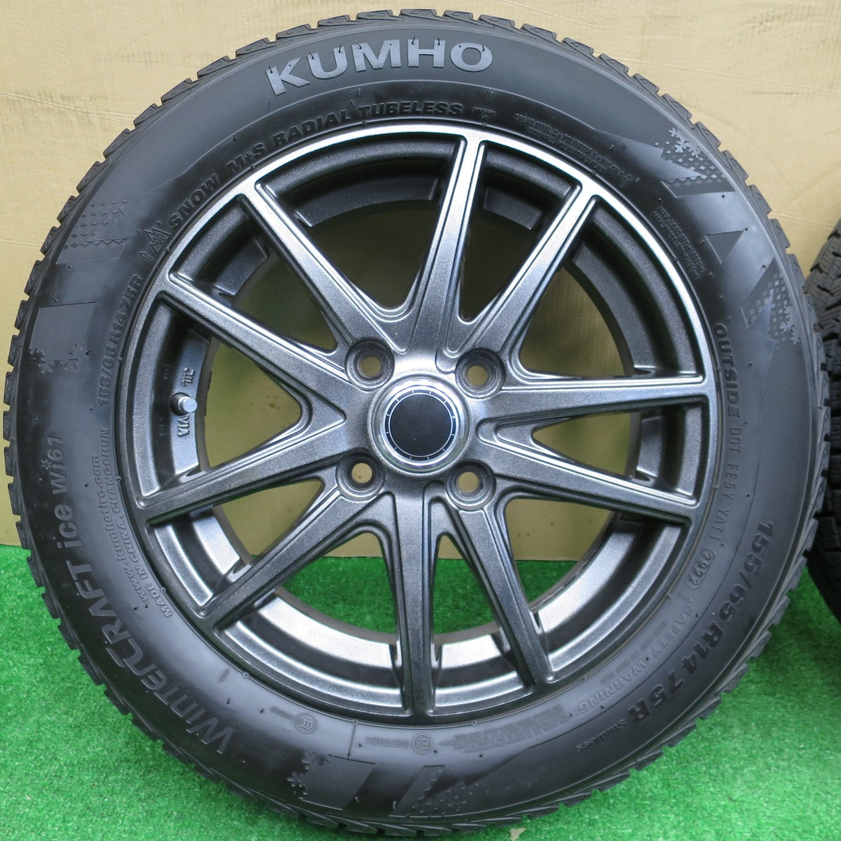 バリ溝！22年！キレイ！9.5分★スタッドレス 155/65R14 クムホ ウィンター クラフト アイス wi61 社外 アルミ 14インチ PCD100/4H★5120701NKス