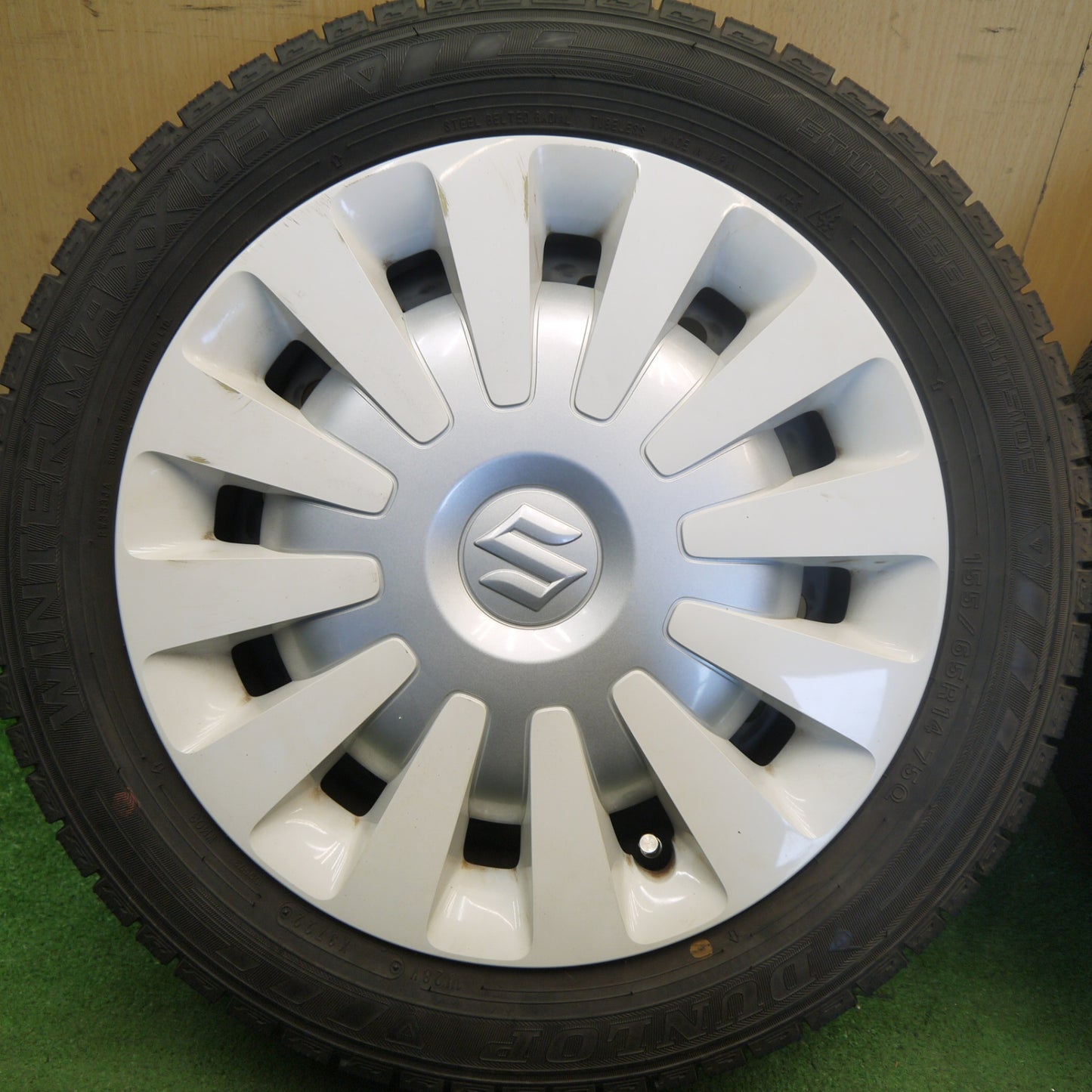 バリ溝！22年！キレイ！9.5分◎スズキ ワゴンR スマイル 純正 スチール 155/65R14 スタッドレス ダンロップ ウインターマックス 03 14インチ PCD100/4H◎6081004Hス