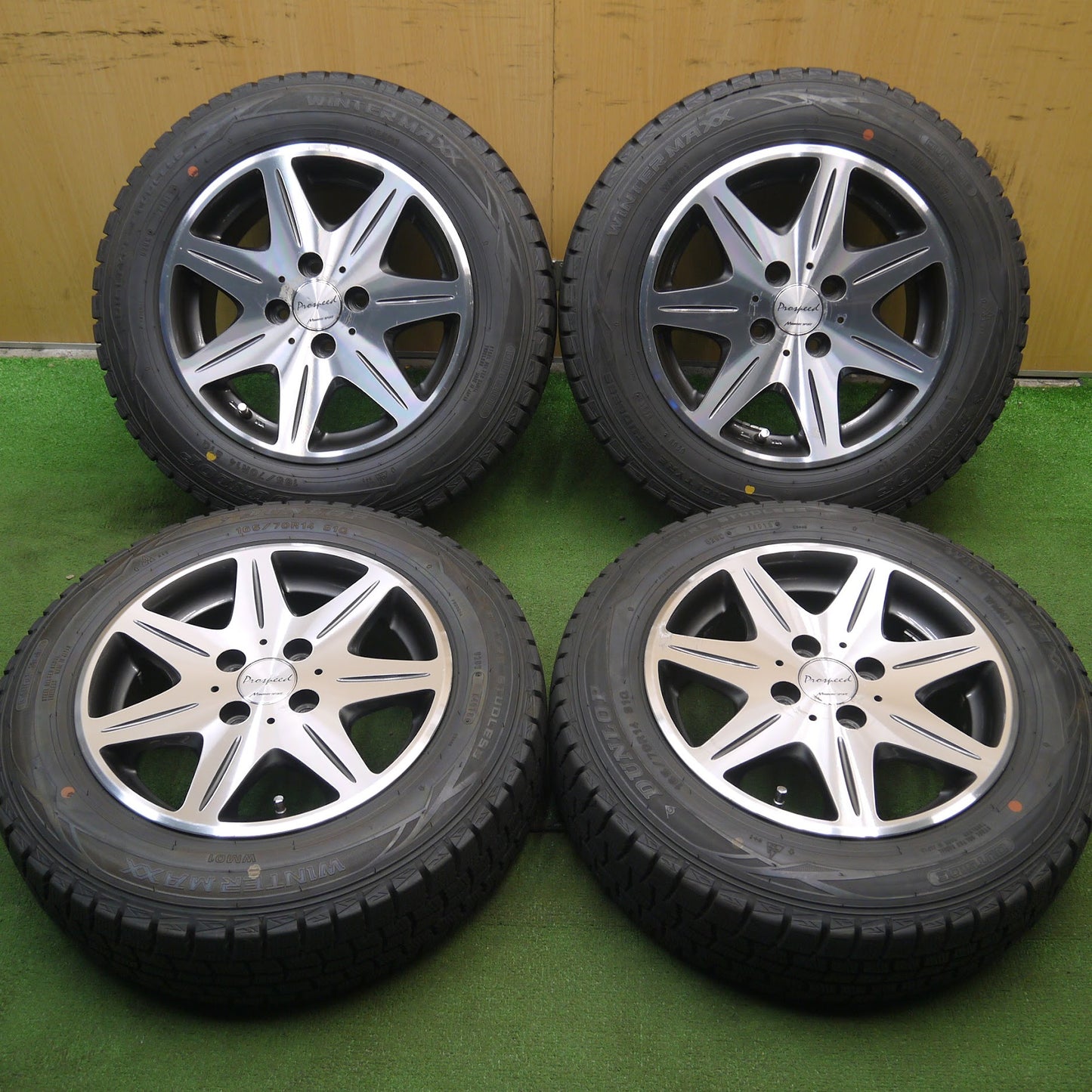 [送料無料]バリ溝！9.5分以上★スタッドレス 165/70R14 ダンロップ ウインターマックス WM01 Prospeed MANARAY SPORT 14インチ PCD100/4H★3072606Hス