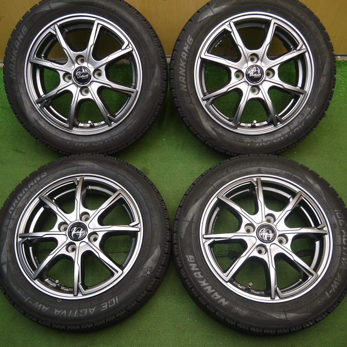 [送料無料]バリ溝！21年！綺麗！ほぼ10分★スタッドレス 155/65R14 ナンカン アイスアクティバ AW-1 Verthandi ヴェルザンディ 14インチ PCD100/4H★3071504KAス