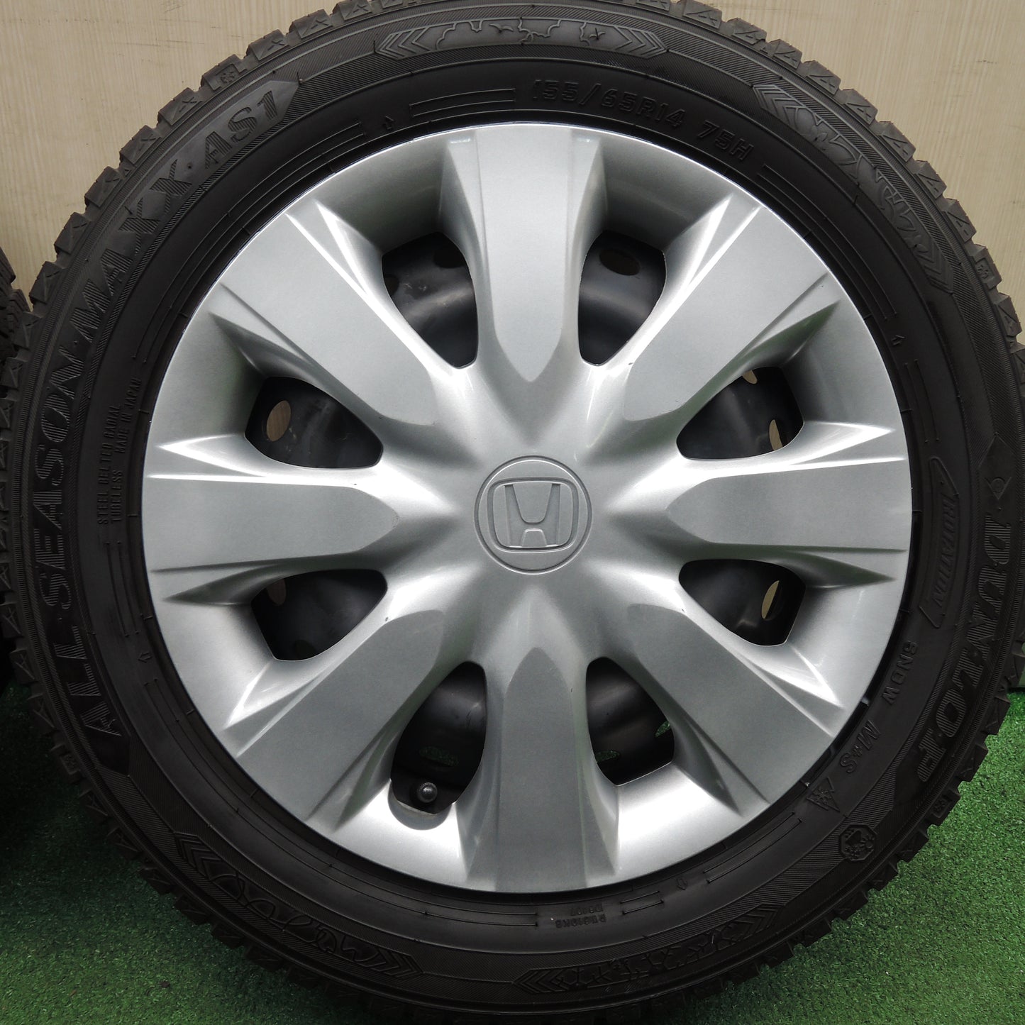 *送料無料*バリ溝！20年！9.5分★ホンダ N-BOX 純正 スチール 155/65R14 ダンロップ オールシーズンマックス AS1 PCD100/4H★3121607HAノ