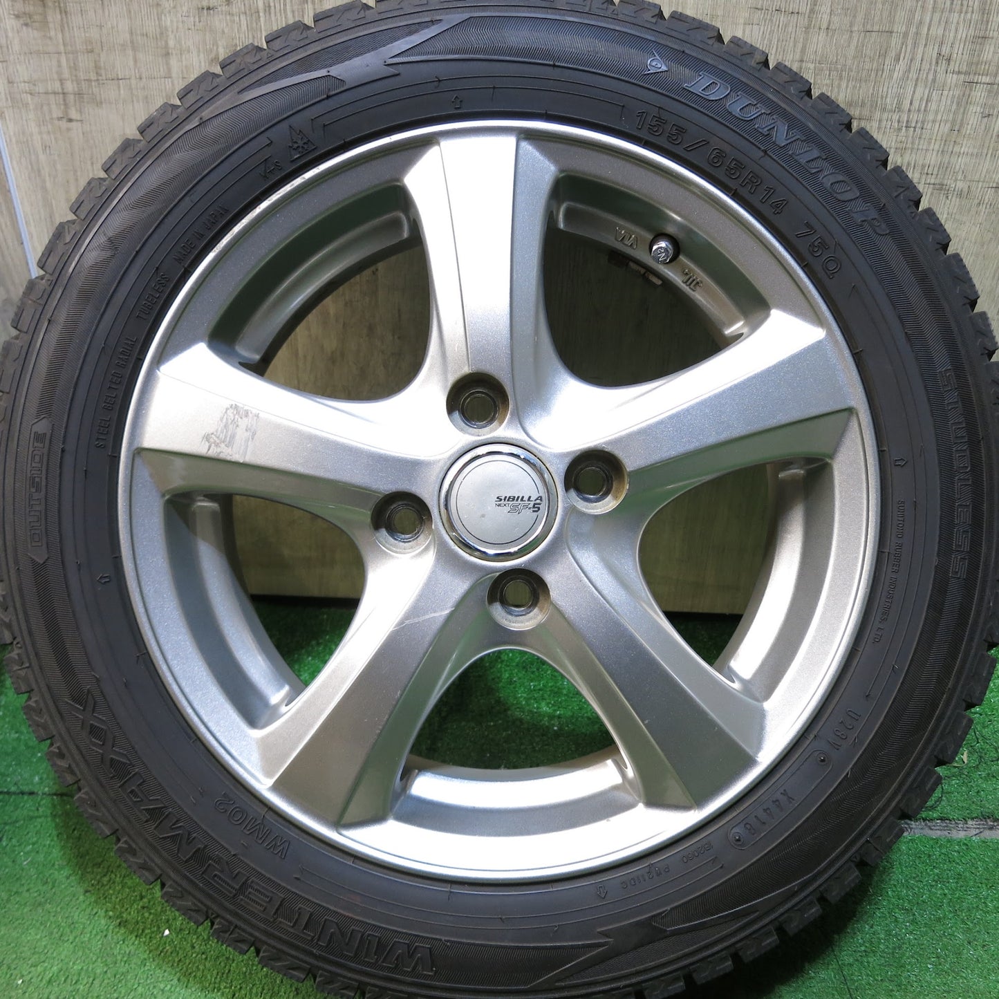 [送料無料]バリ溝！9.5分以上★スタッドレス 155/65R14 ダンロップ ウインターマックスWM02 SIBILLA NEXT SF-5 シビラ ネクスト 14インチ PCD100/4H★3041201Hス