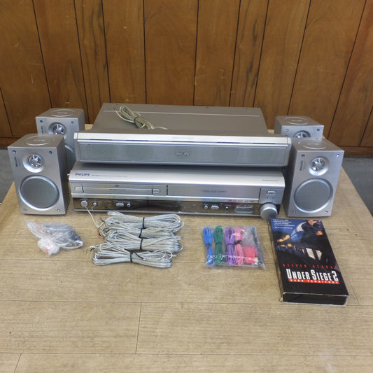 [送料無料]現状品★フィリップス Philips DVD VCR レシーバー MX5100VR/37　AC120V 60Hz　スピーカー 5点　ウーハー　ビデオ UNDER SIEGE2　セット★