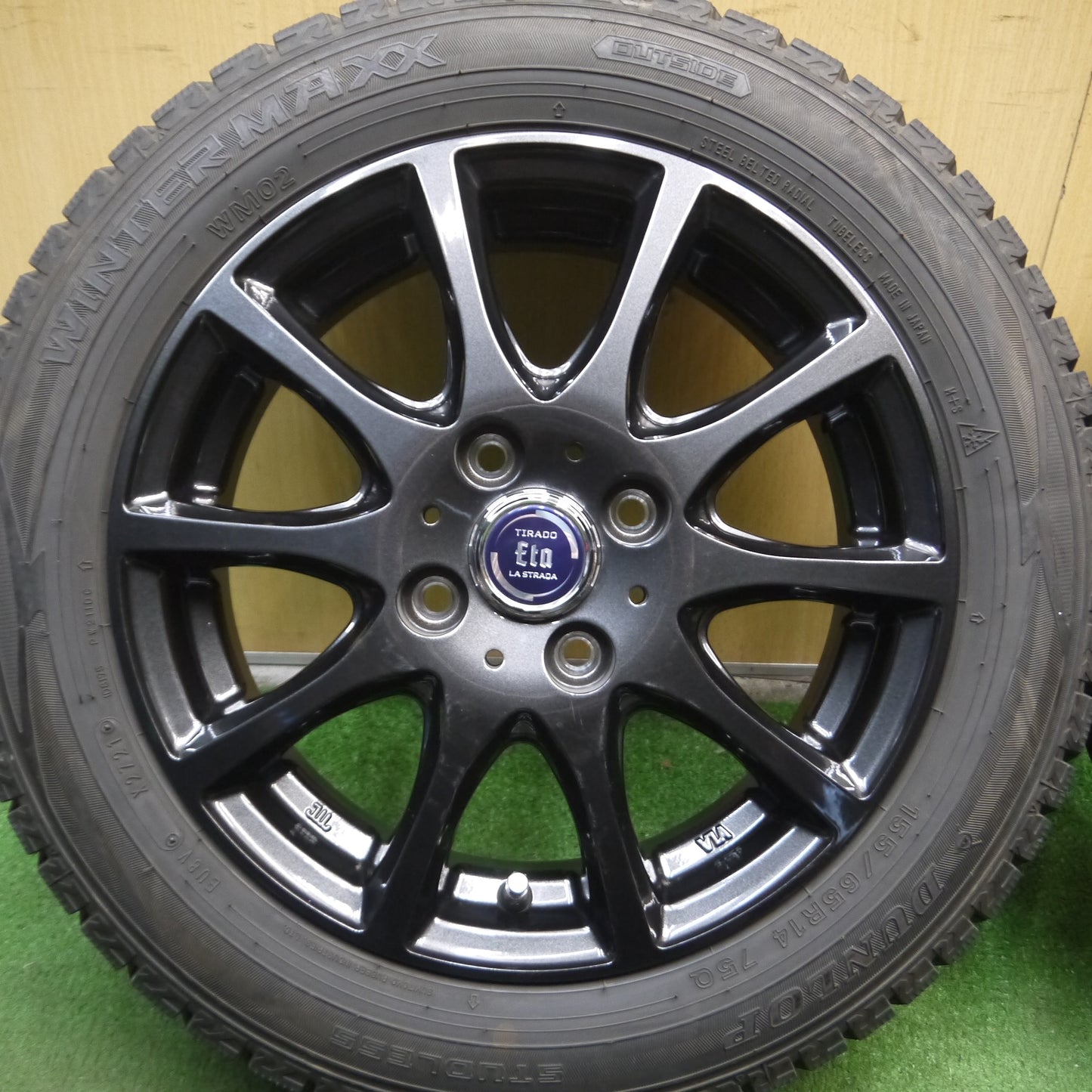 *送料無料*超バリ溝！21年！キレイ！9.5分以上★スタッドレス 155/65R14 ダンロップ ウインターマックス WM02 TIRADO Eta LA STRADA 14インチ PCD100/4H★4012208Hス
