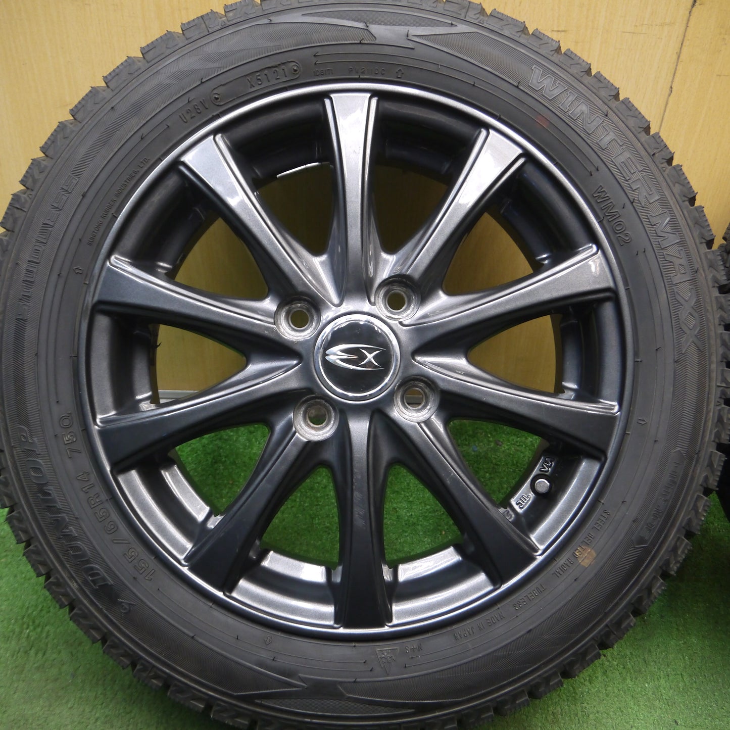 *送料無料*バリ溝！21年！キレイ！ほぼ10分★スタッドレス 155/65R14 ダンロップ ウインターマックス WM02 Exsteer エクスター 14インチ PCD100/4H★3111301Hス